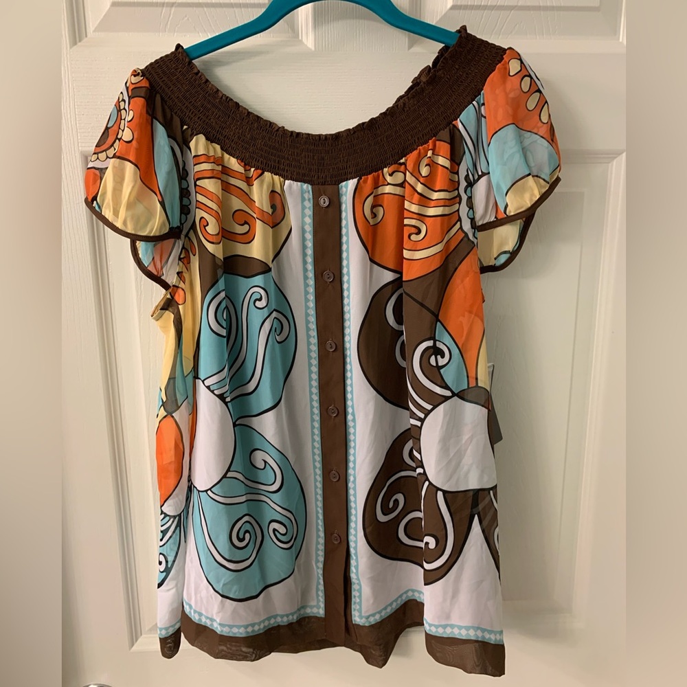 Nicole by Nicole Miller Size L Multi Floral Pattern White Brown Blouse Shirt NWT